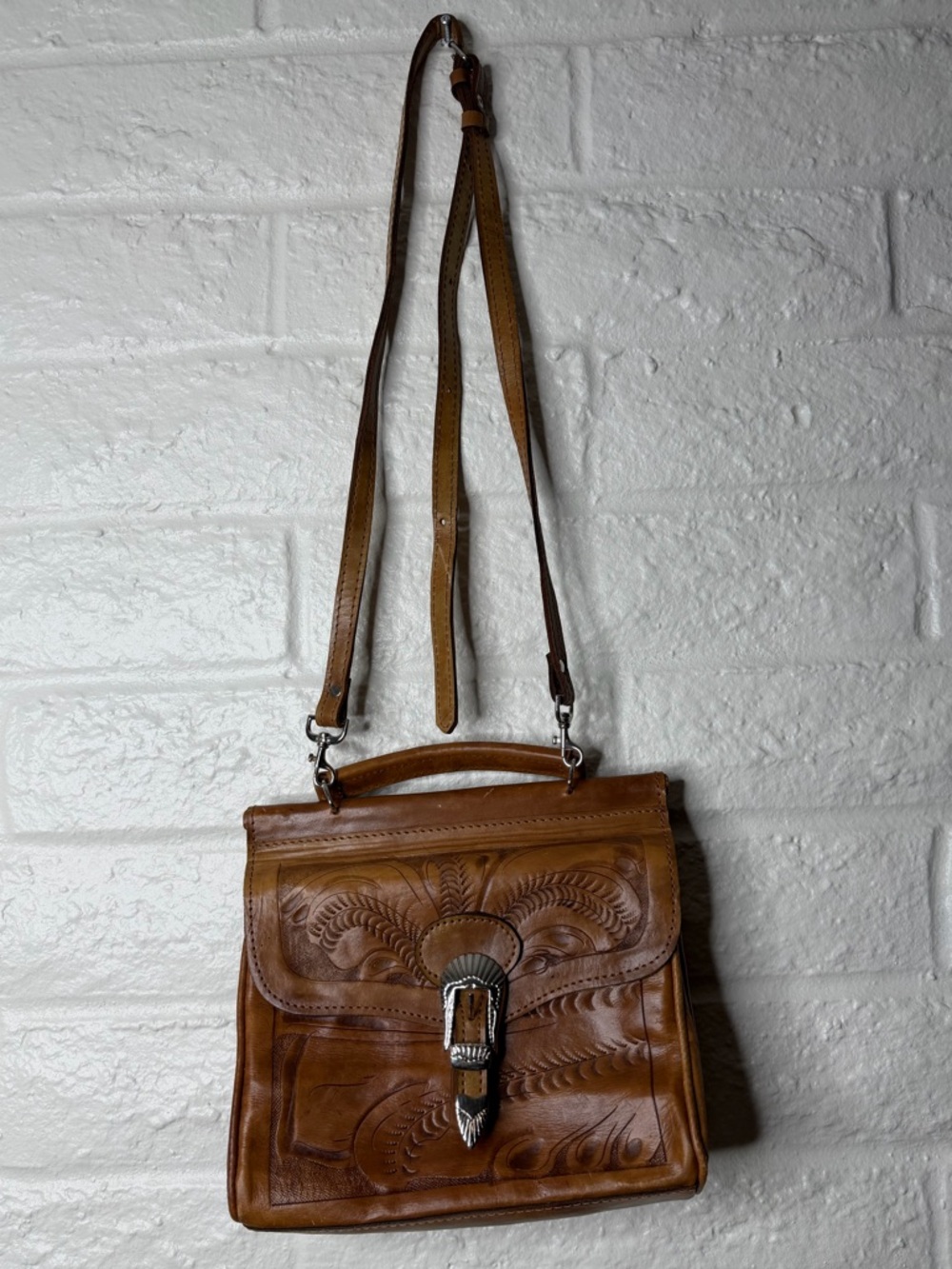 Force Ten West Hand-Tooled Leather Purse/Bag Brown - Genuine Leather Paraguay